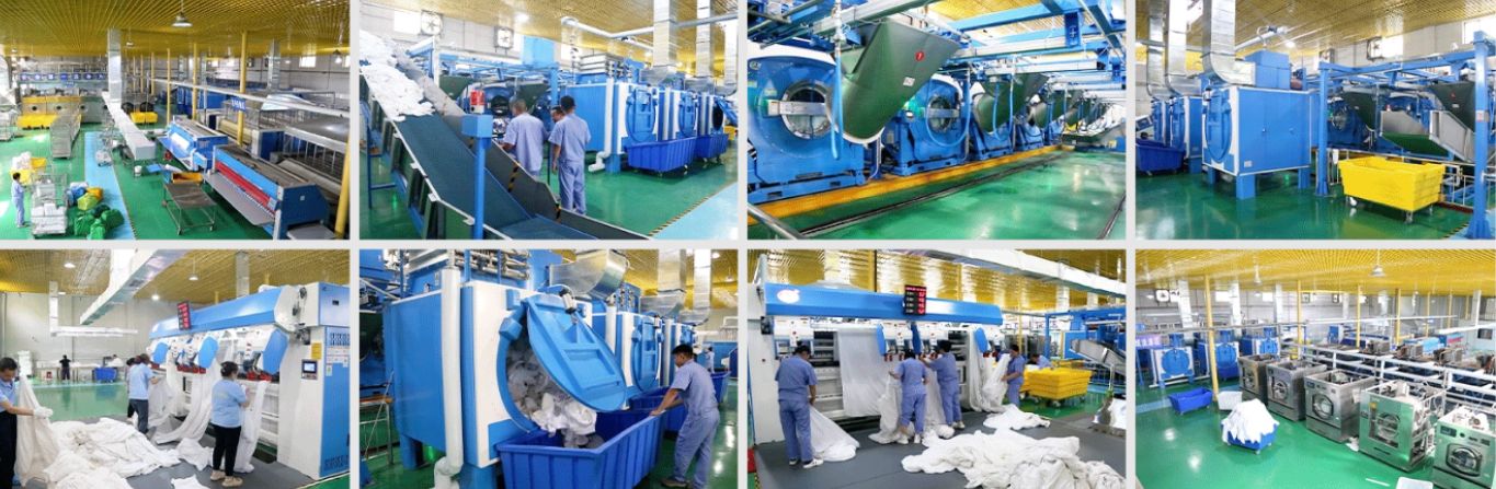 Nhân viên vận hành máy gấp ga tự động SHANGHAI LIING trong xưởng giặt