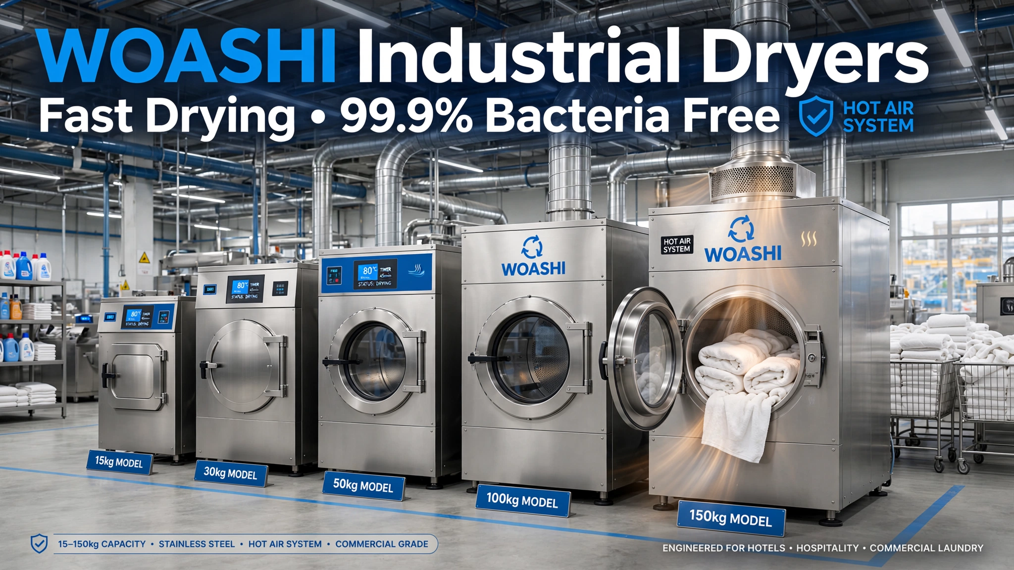 Máy sấy công nghiệp WOASHI 15-150kg - Sấy nhanh, diệt khuẩn 99.9%